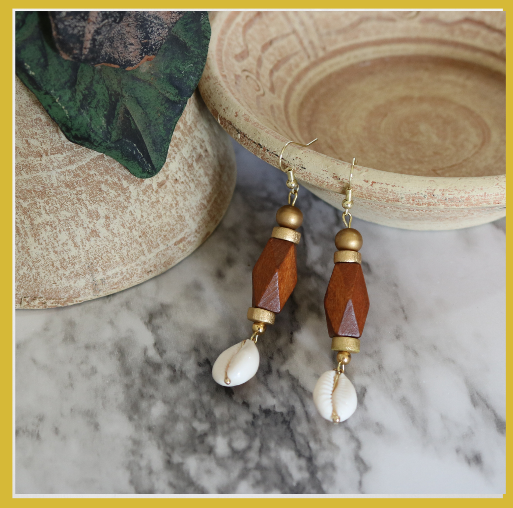 Cowrie and Wood drop Earrings