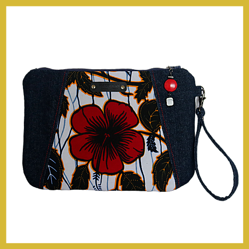 Hibiscus and Denim Wristlet