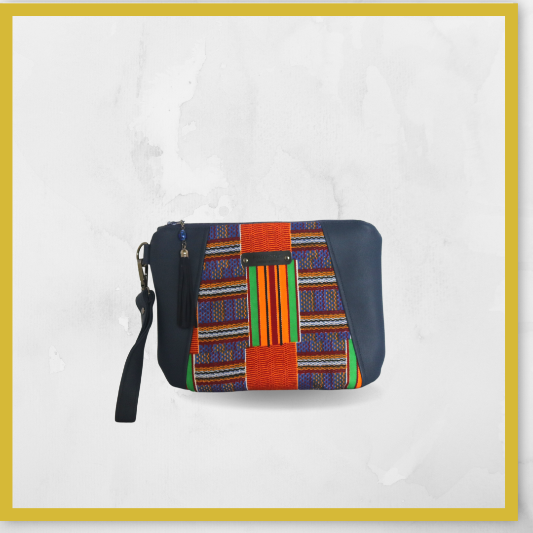 Kente and Blue Wristlet